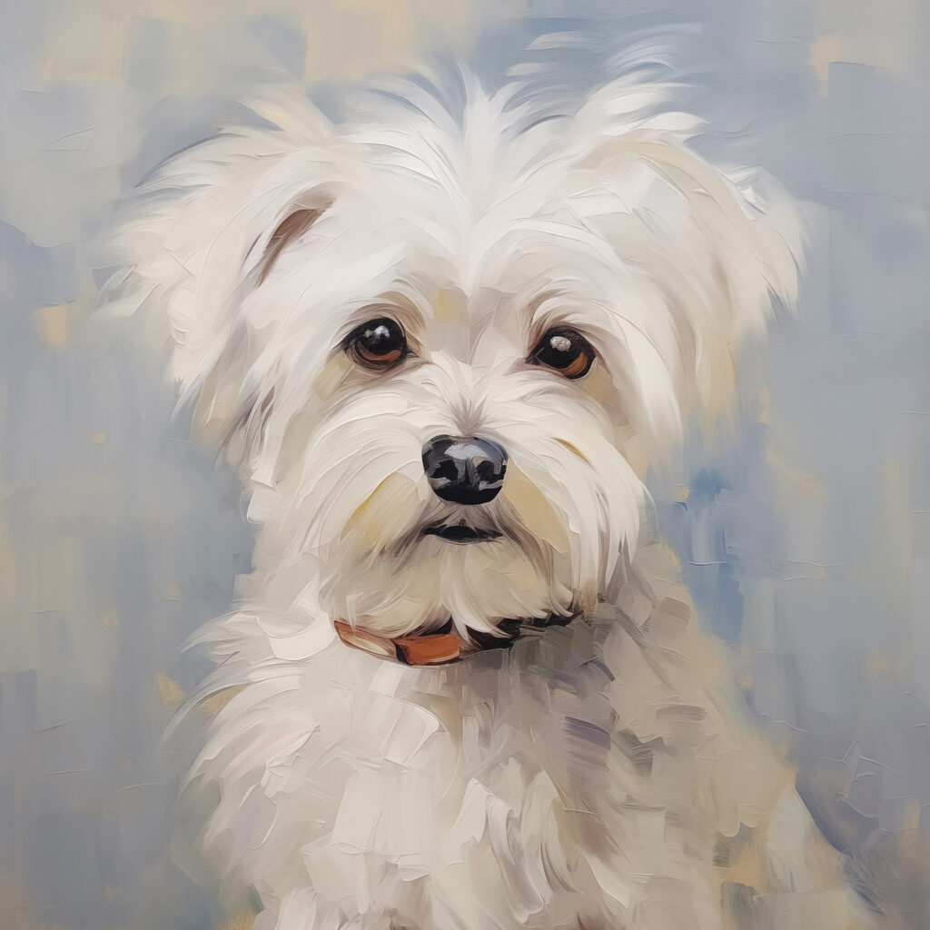 Cão branco em pinceladas — design completo