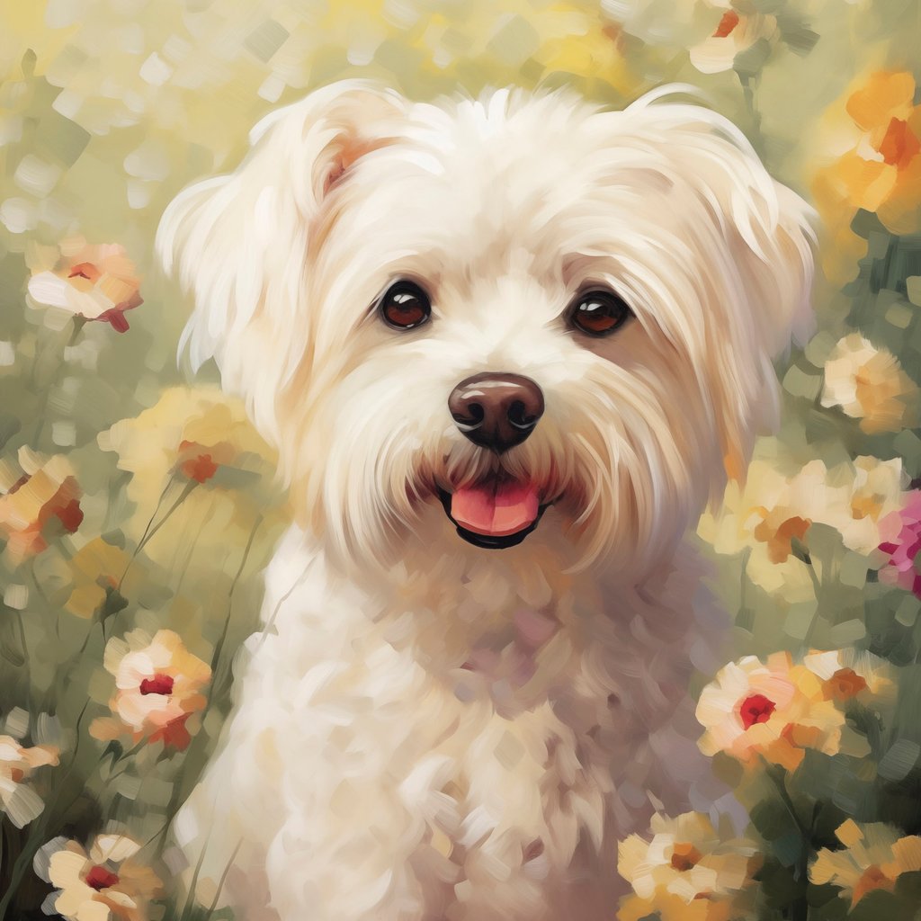 Pequeno cão nas flores — design completo