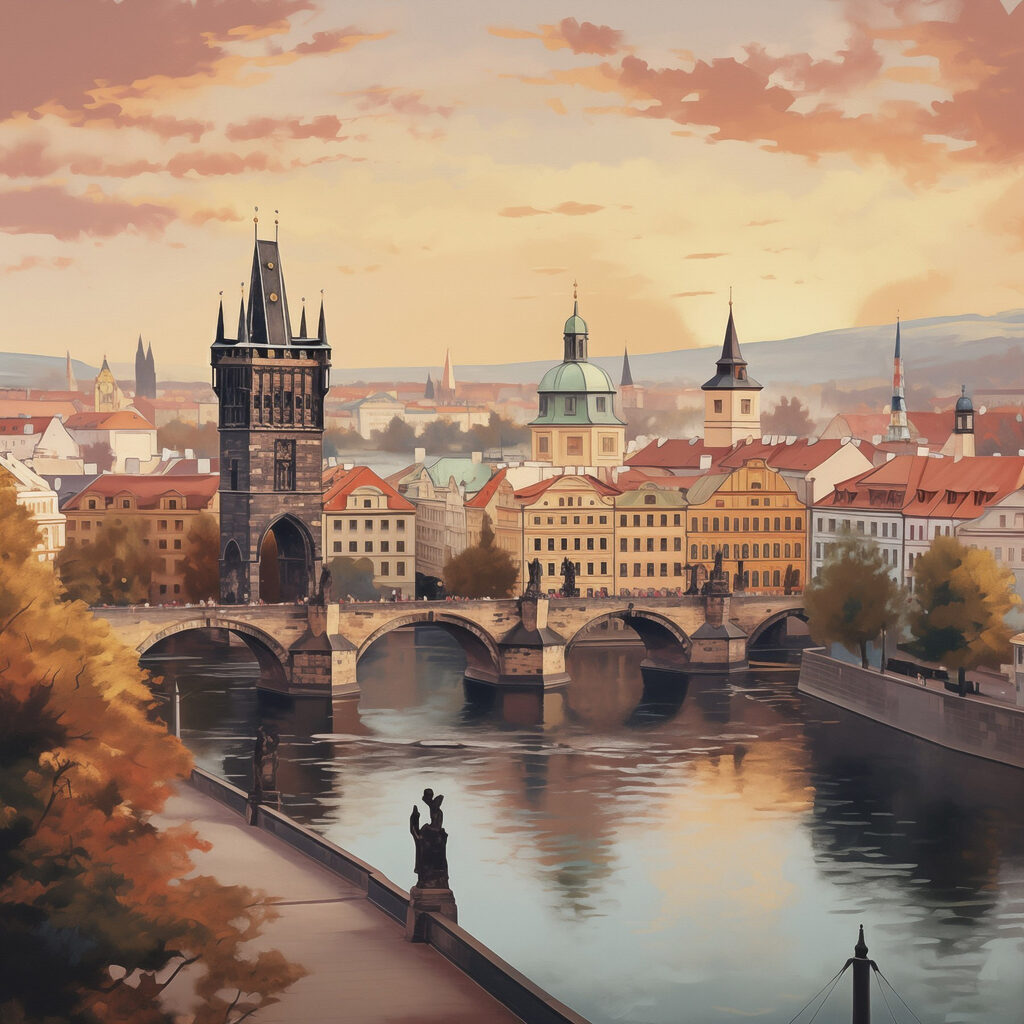 Praga sobre rio calmo — design completo