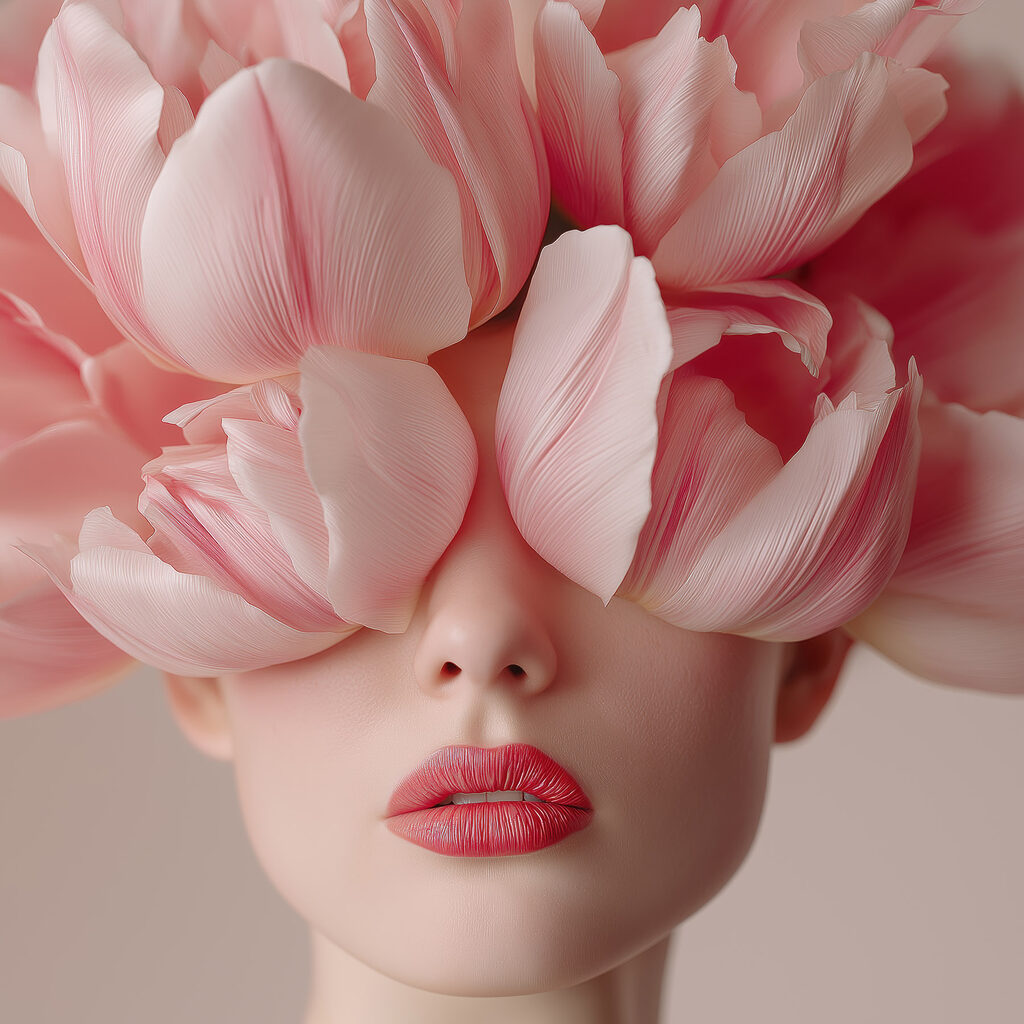 Retrato com tulipas rosa — design completo