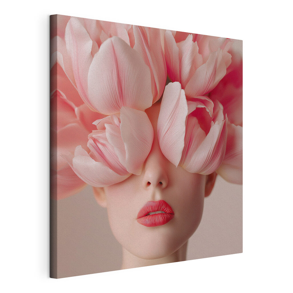 Retrato com tulipas rosa, tela esticada e borda contínua