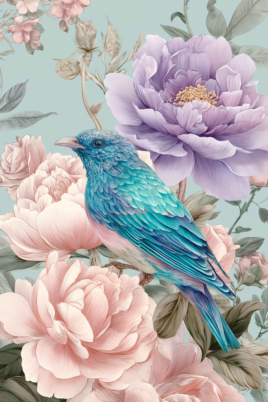 Pássaro turquesa em flor — design completo