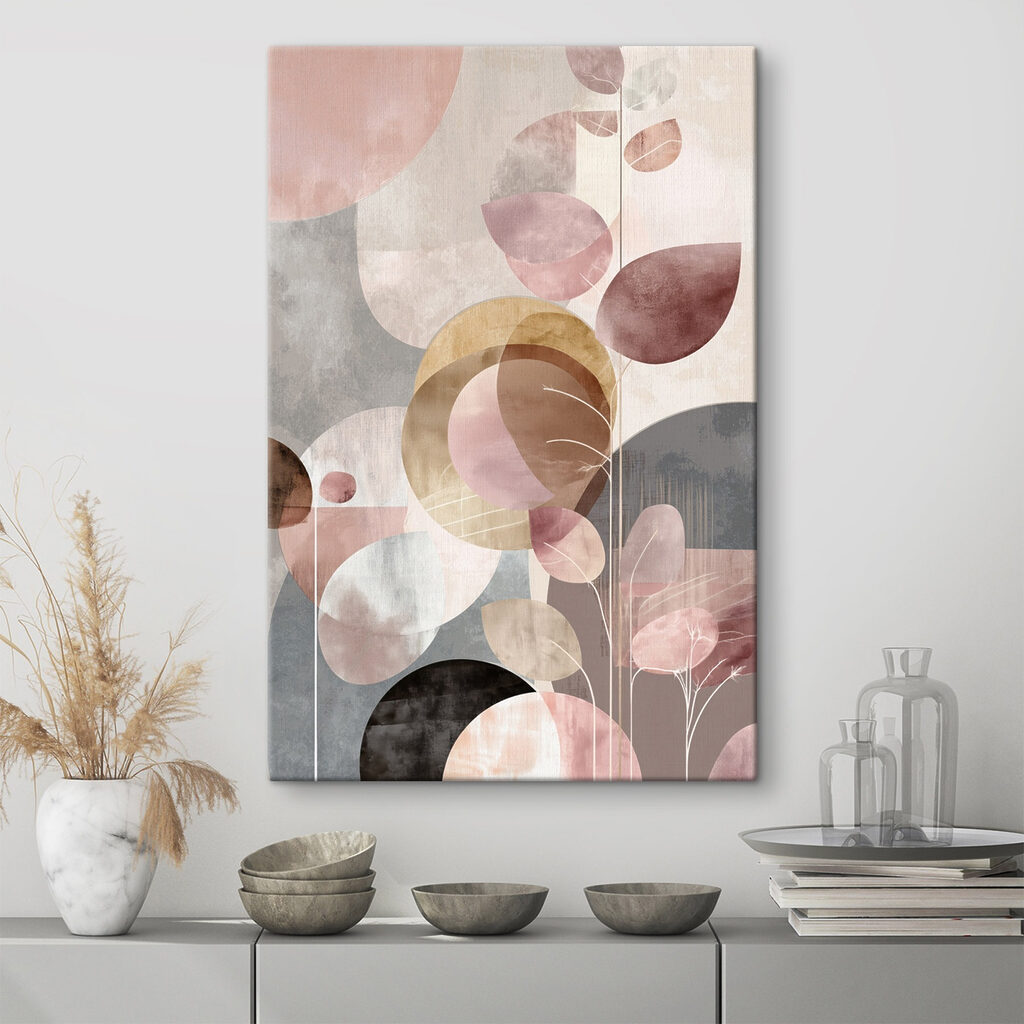 Círculos e folhas rosa num interior
