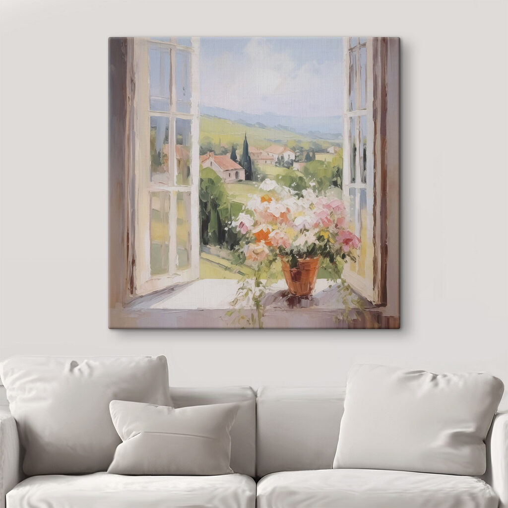 Janela floral sobre vale — interior 1