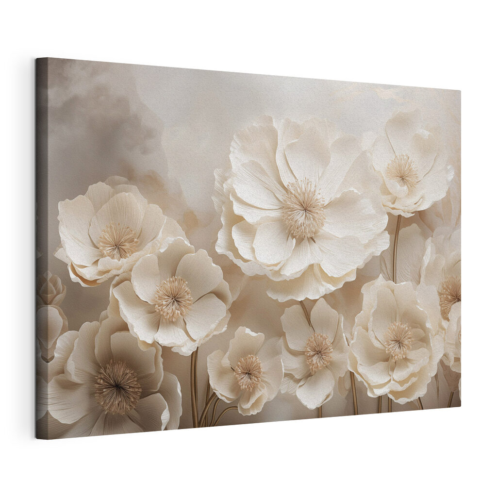 Flores creme com estames, tela esticada e borda contínua