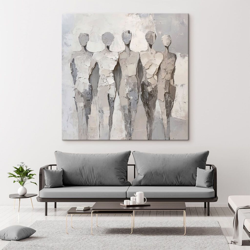 Figuras em cinzento num interior