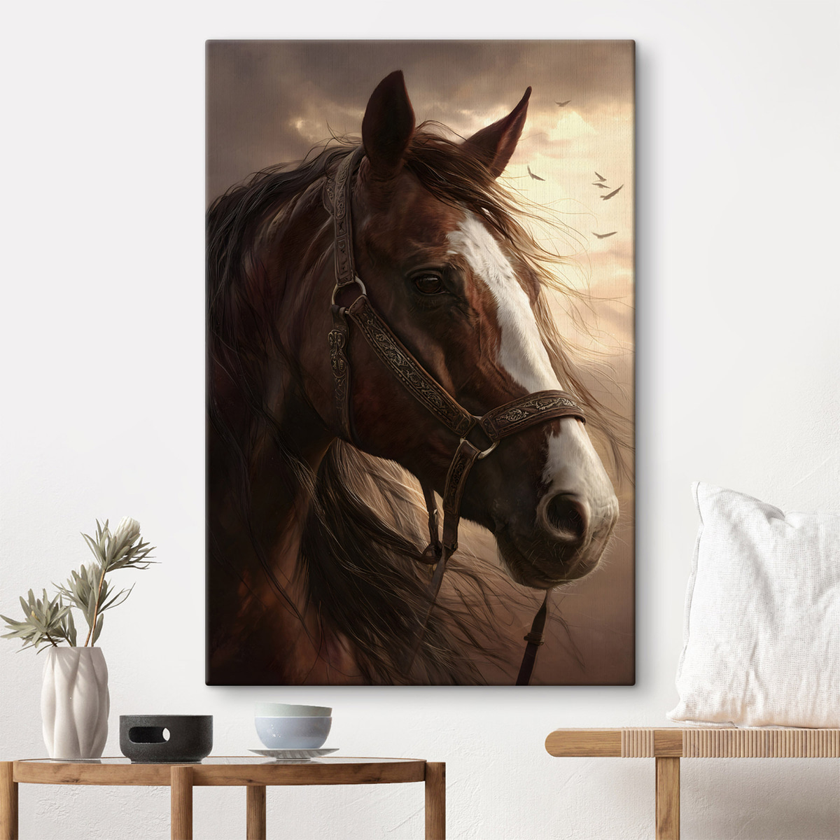 Retrato de cavalo castanho num interior