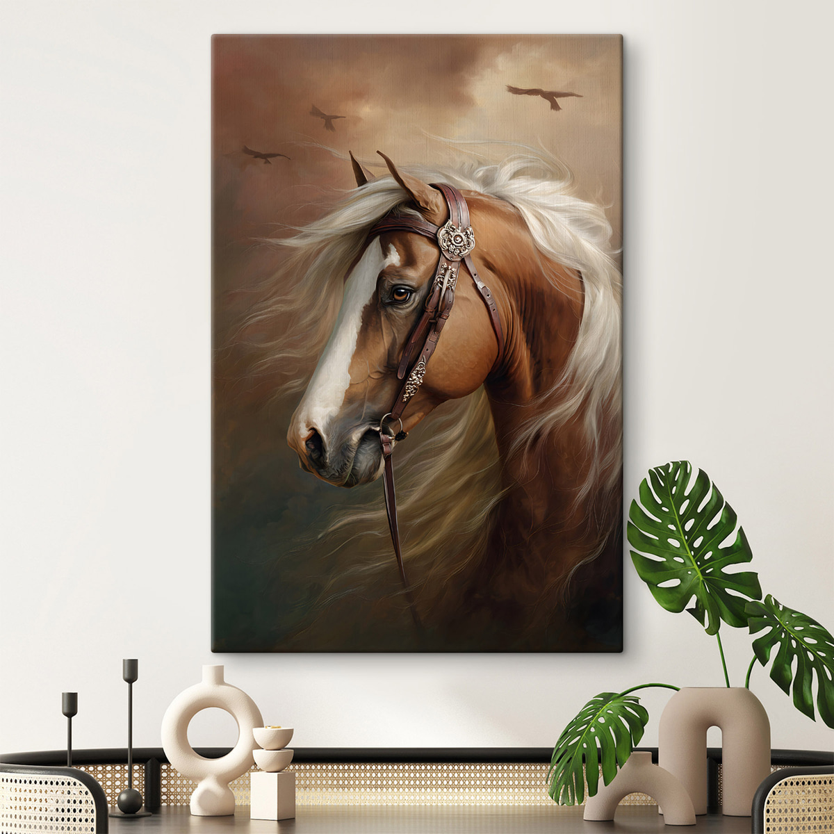 Retrato de cavalo vermelho num interior