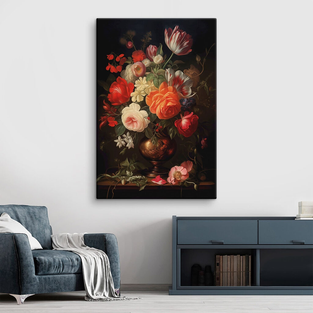 Rosas em vaso escuro — interior 1