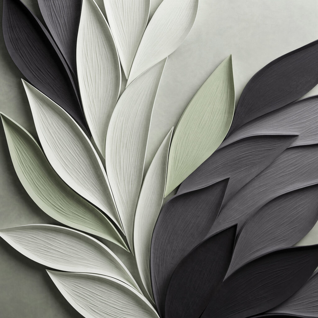 Folhas verde-salva e antracite — design completo