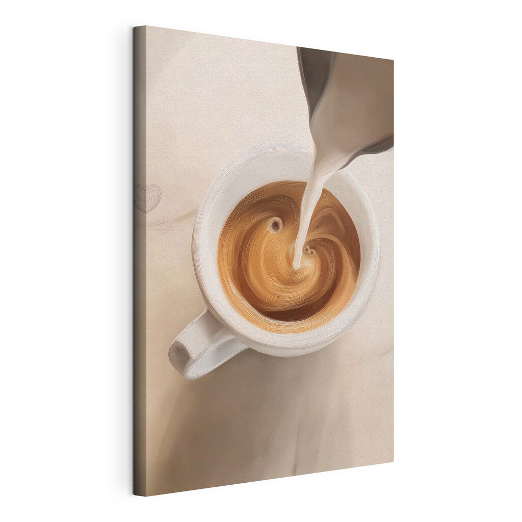 Leite sobre café quente, tela esticada e borda contínua