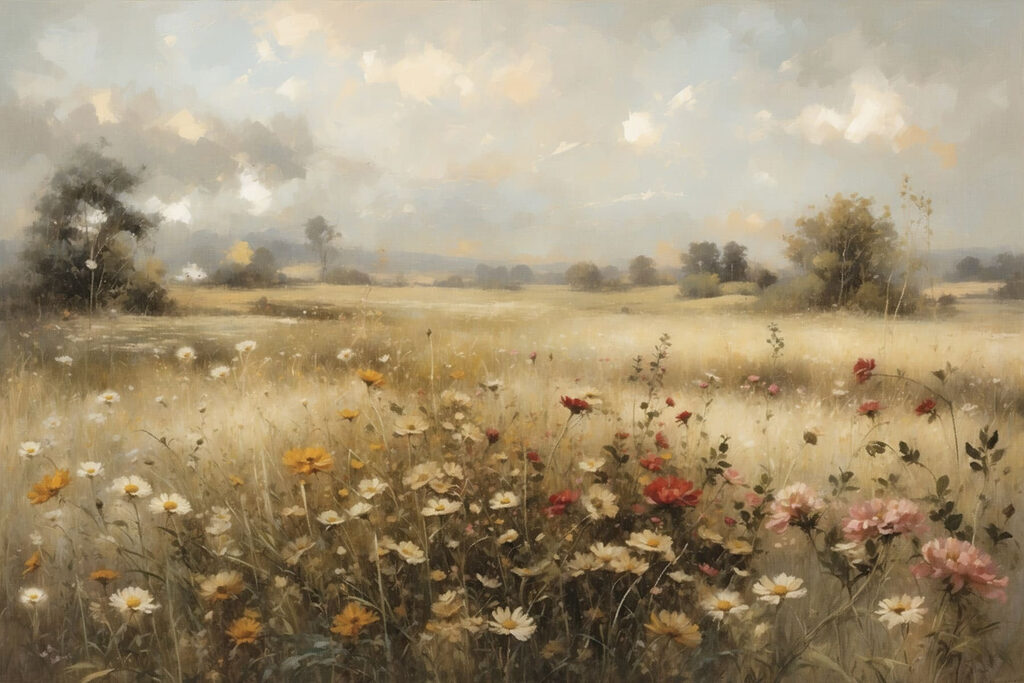 Campo florido sob nuvens — design completo