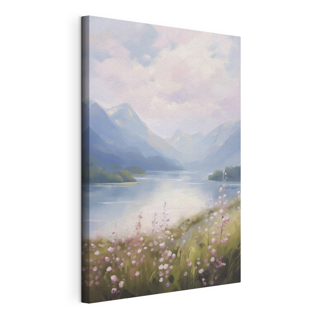 Flores junto ao lago, tela esticada e borda contínua