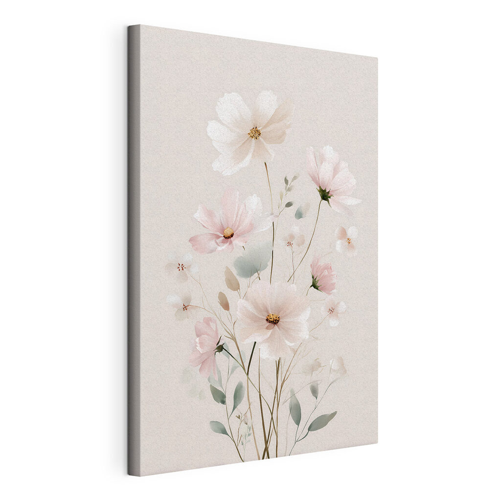 Pequenas flores, fundo claro, tela esticada e borda contínua