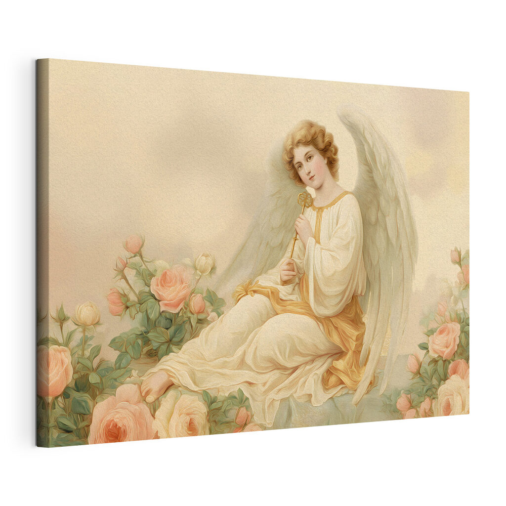 Anjo entre rosas cor-de-rosa, tela esticada e borda contínua