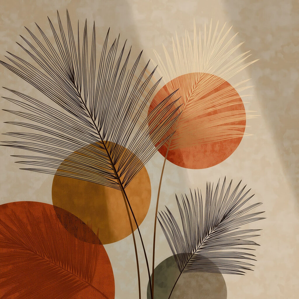 Palmeira e círculos terracota — design completo