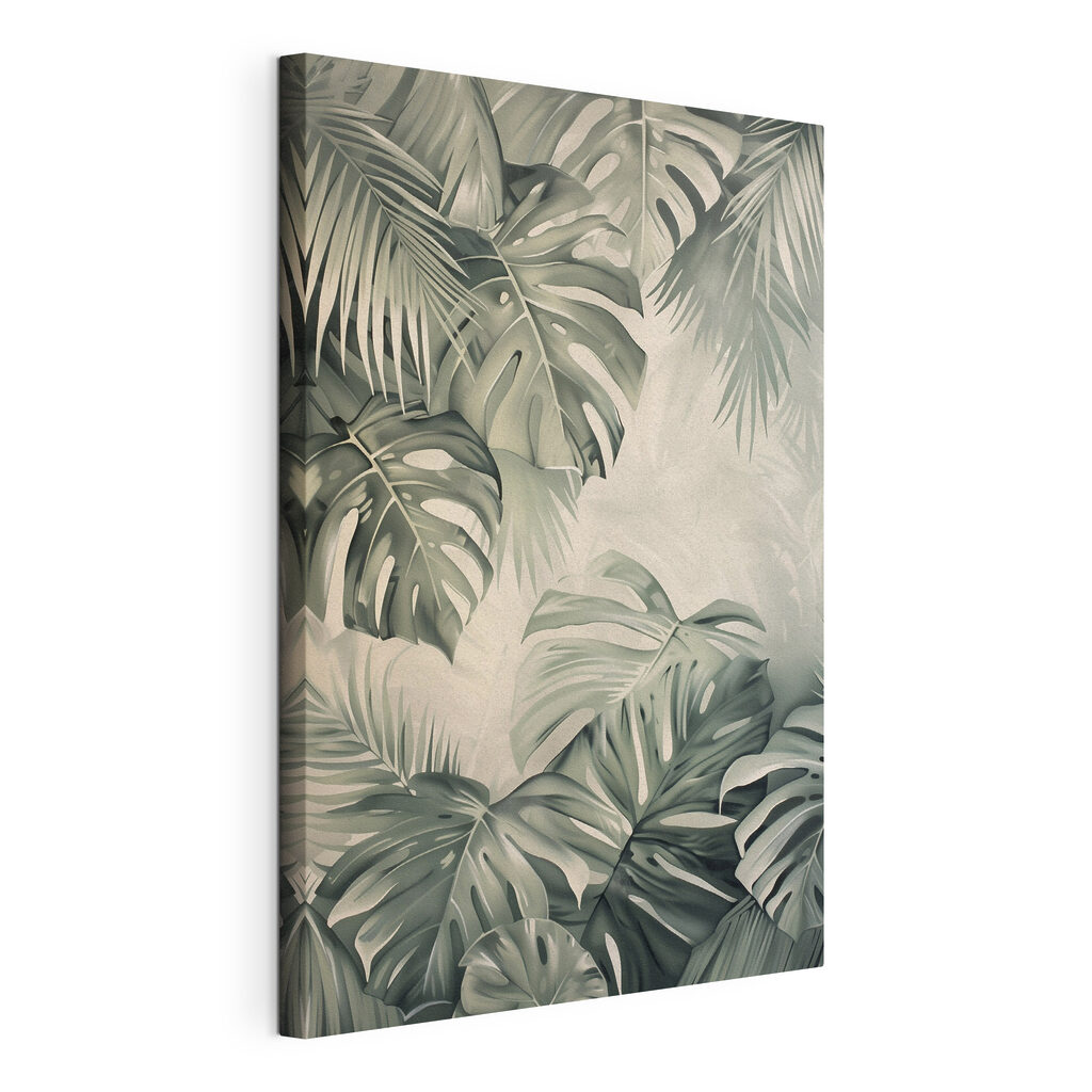 Folhas tropicais em círculo, tela esticada e borda contínua