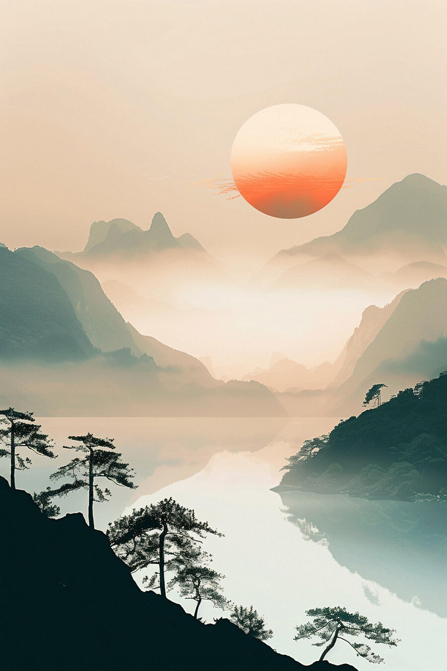 Sol laranja sobre montanhas — design completo
