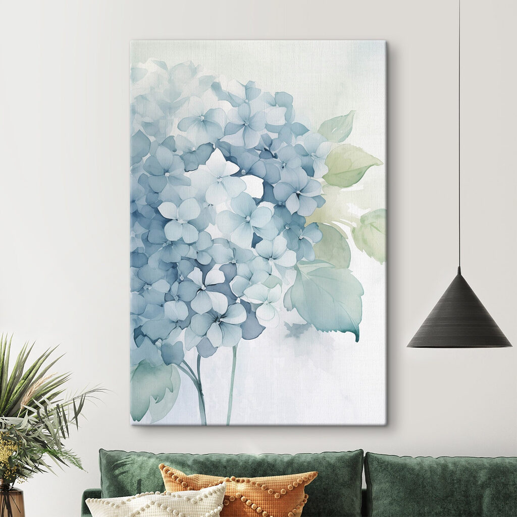 Hortênsia azul com folhas — interior 1
