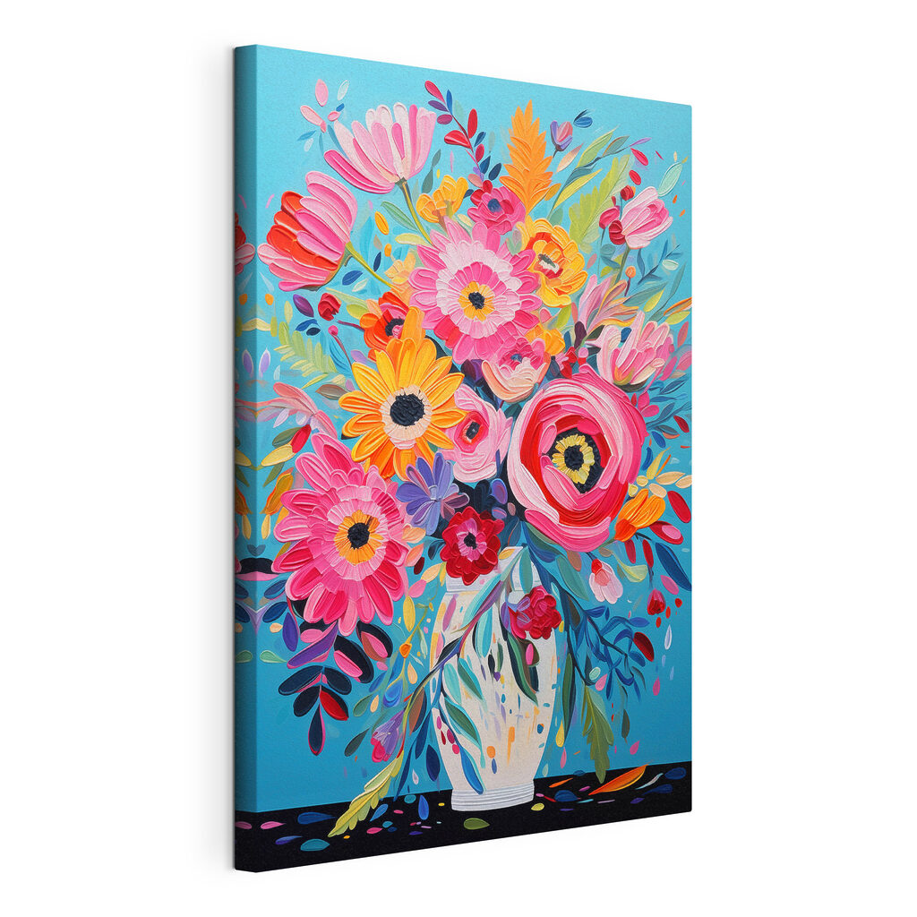 Festa floral em azul, tela esticada e borda contínua