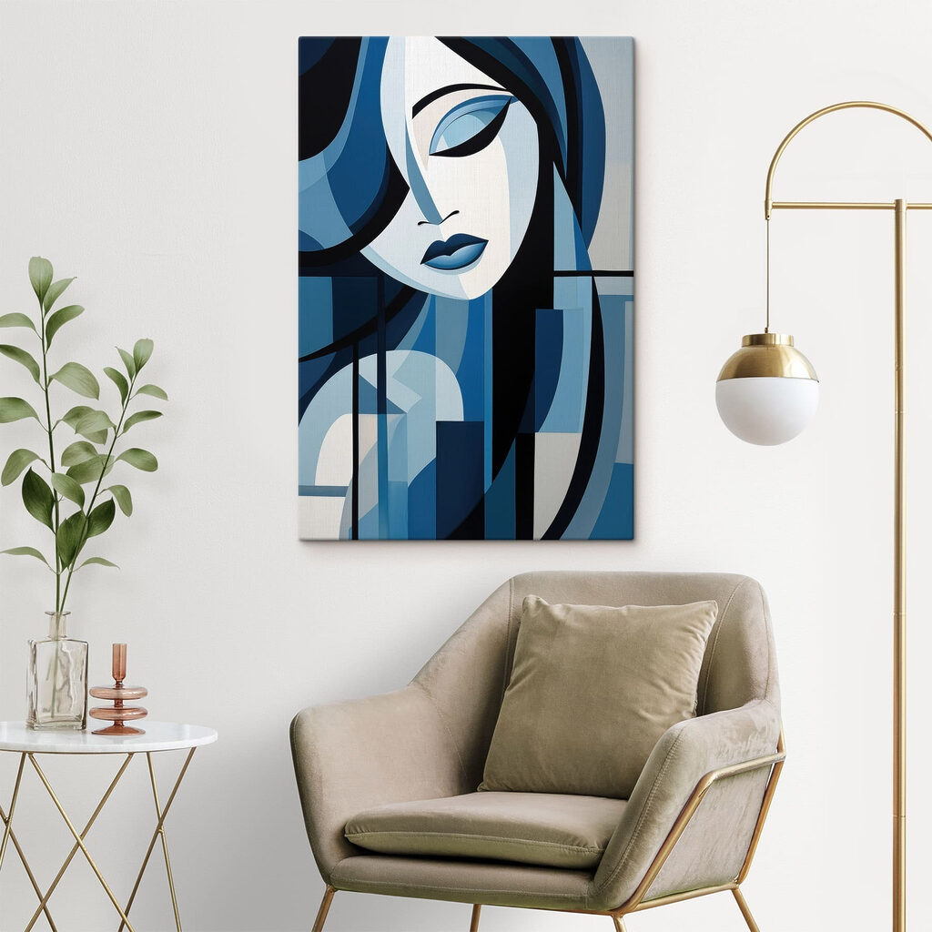 Rosto inclinado em azul — interior 1