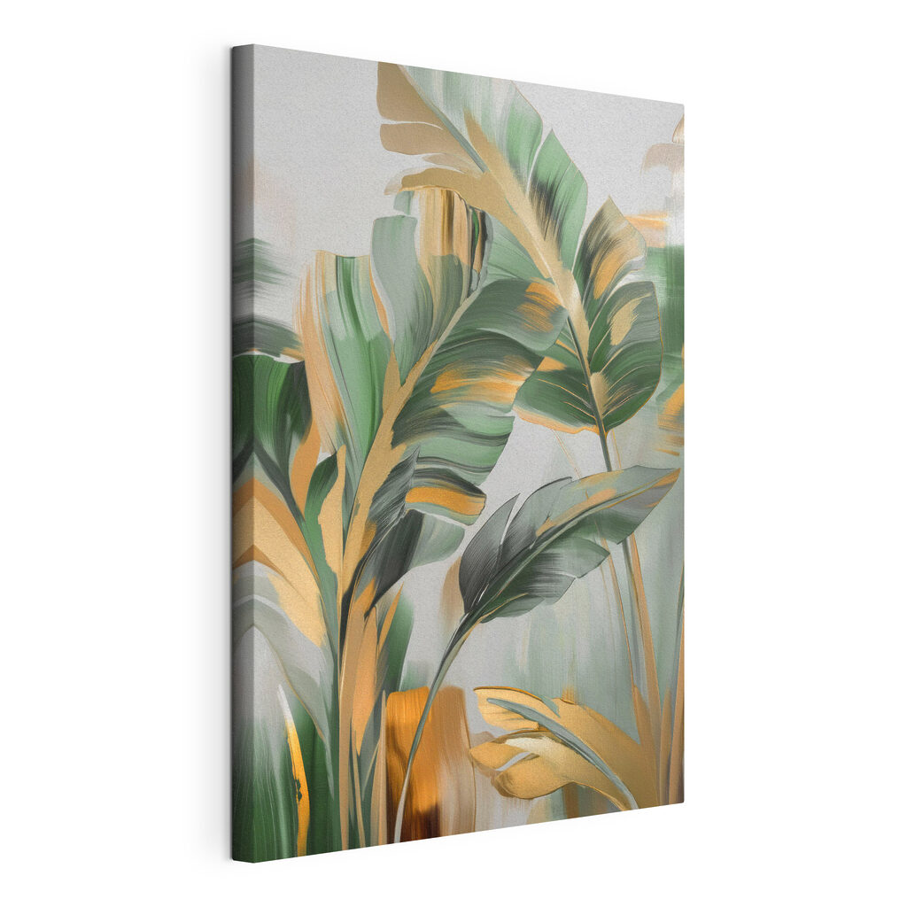 Folhas tropicais com ocre, tela esticada e borda contínua