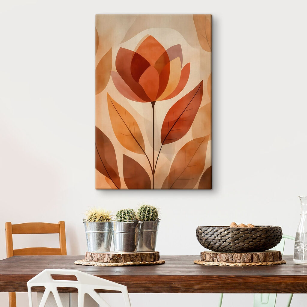 Flor sobre folhas terracota num interior