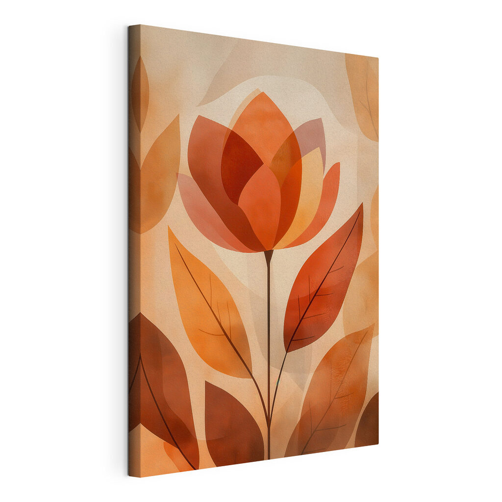 Flor sobre folhas terracota, tela esticada e borda contínua
