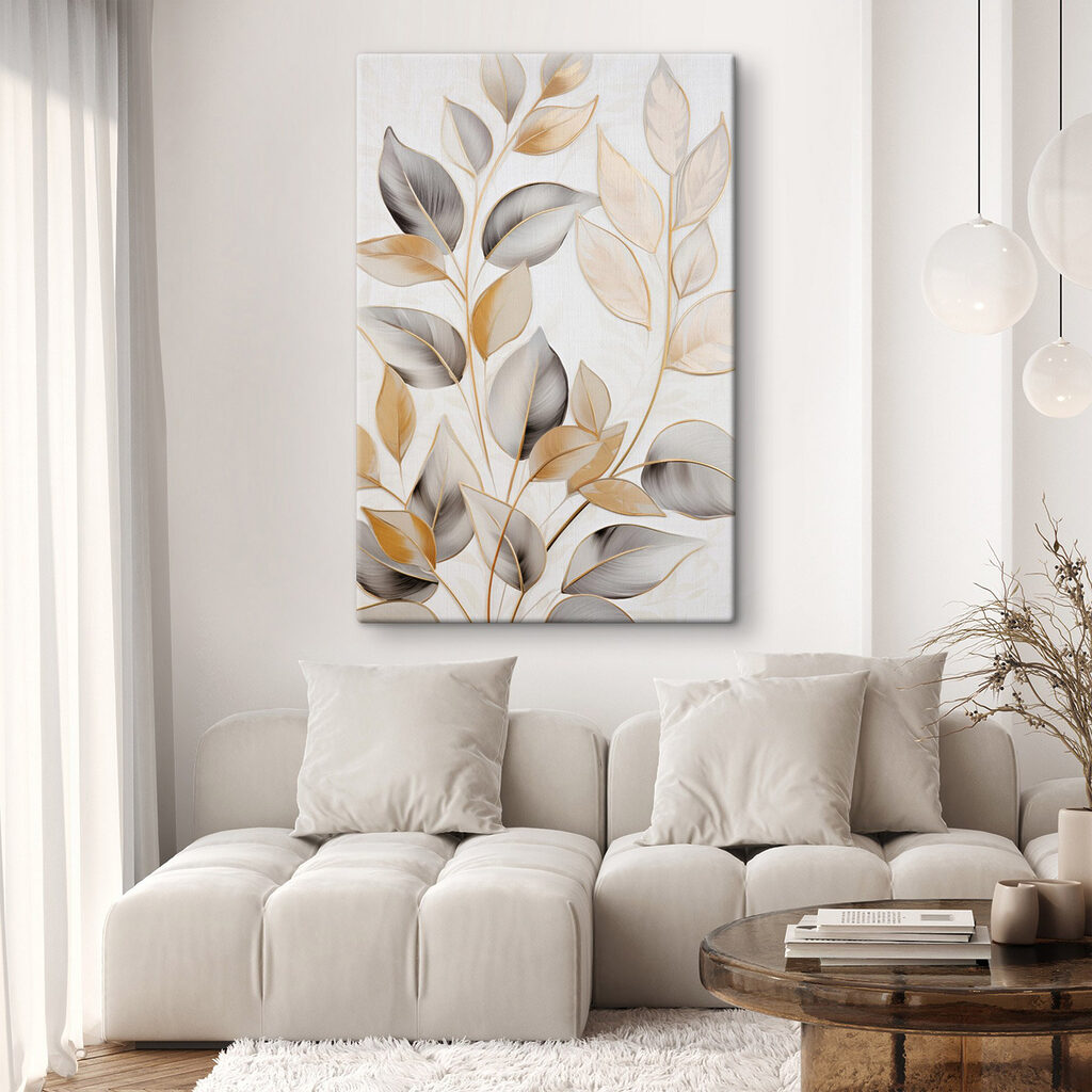 Folhas cinzentas e douradas num interior