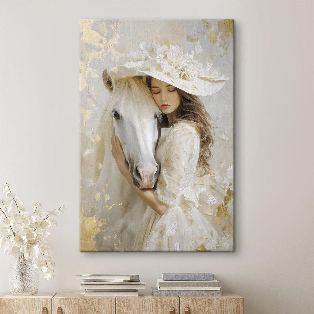 Mulher com cavalo branco num interior