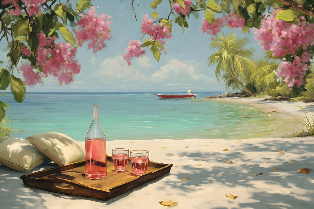 Bebida rosa na praia — design completo