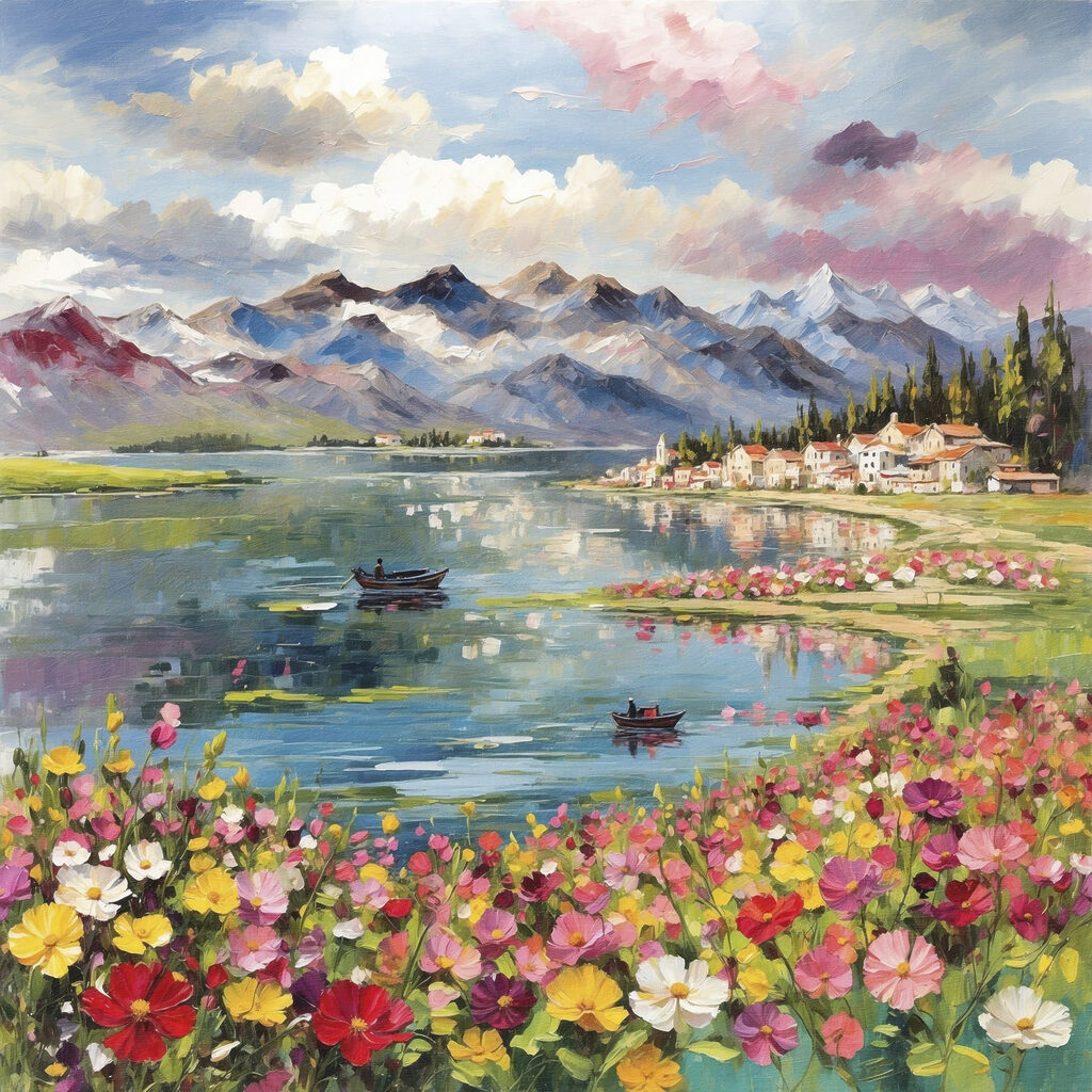 Lago entre flores coloridas — design completo