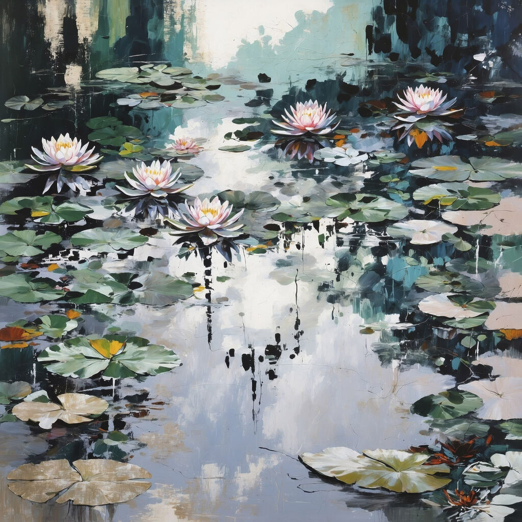 Nenúfares entre reflexos escuros — design completo