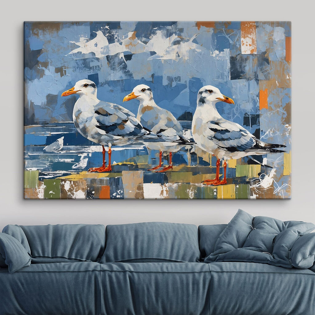 Três gaivotas sobre azul — interior 1