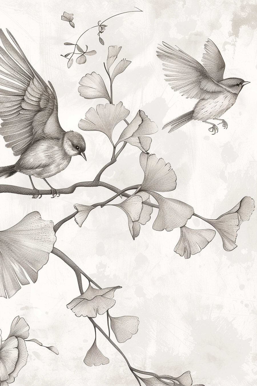 Aves entre ginkgo desenhado — design completo