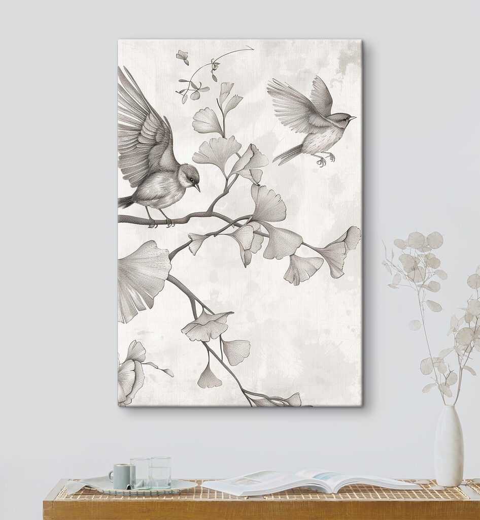 Aves entre ginkgo desenhado — interior 1