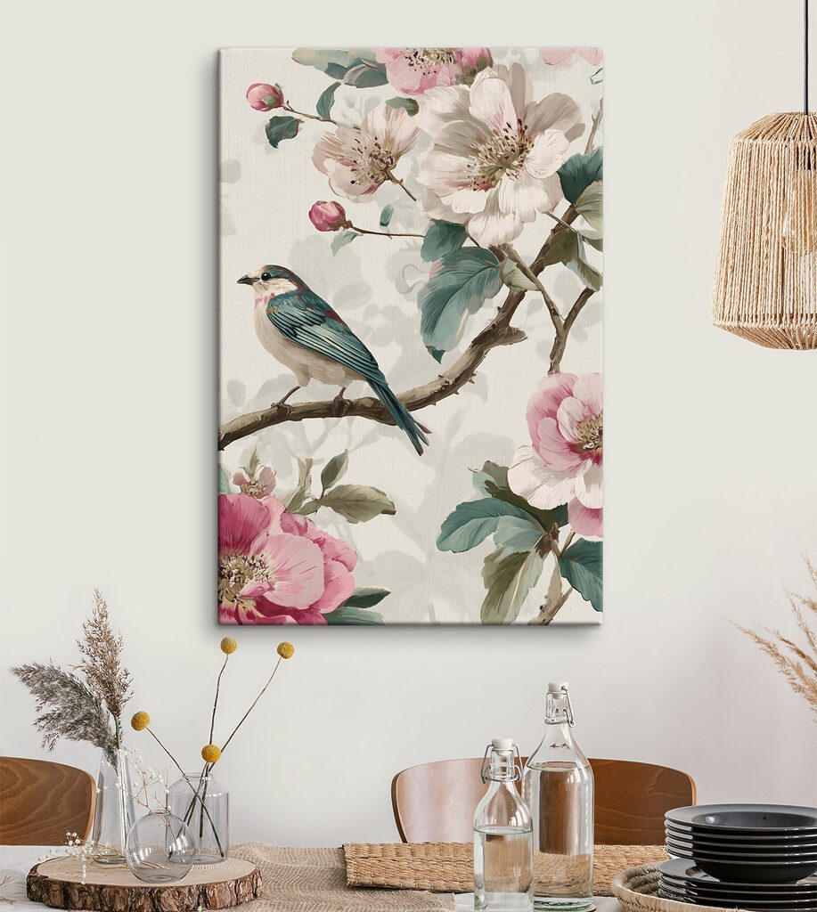 Pássaro entre flores rosa — interior 2