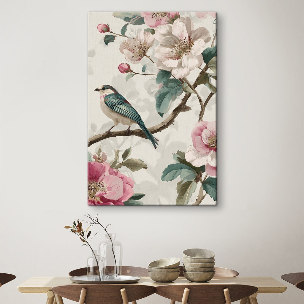 Pássaro entre flores rosa — interior 1