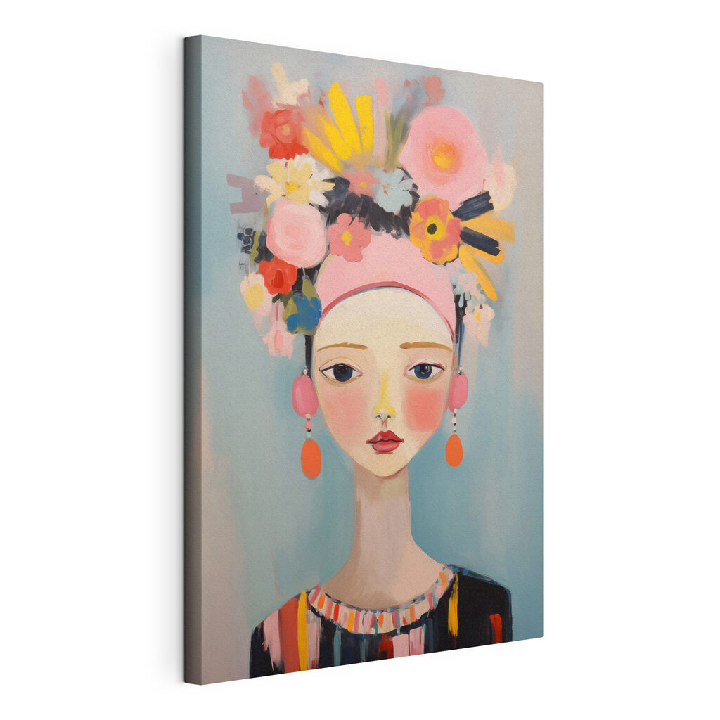 Turbante cor-de-rosa com flores, tela esticada e borda contínua