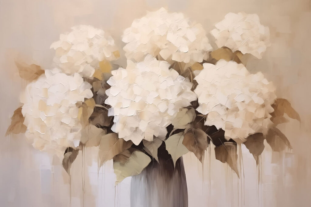 Hortênsias brancas num vaso — design completo