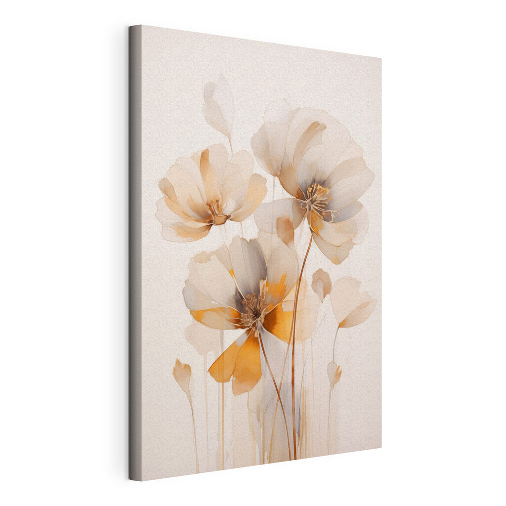 Flores em ocre suave, tela esticada e borda contínua