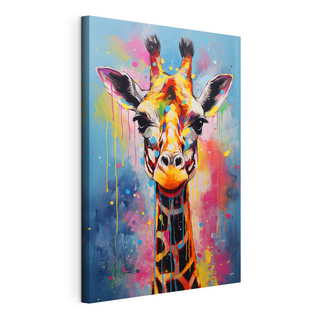 Girafa em salpicos coloridos, tela esticada e borda contínua