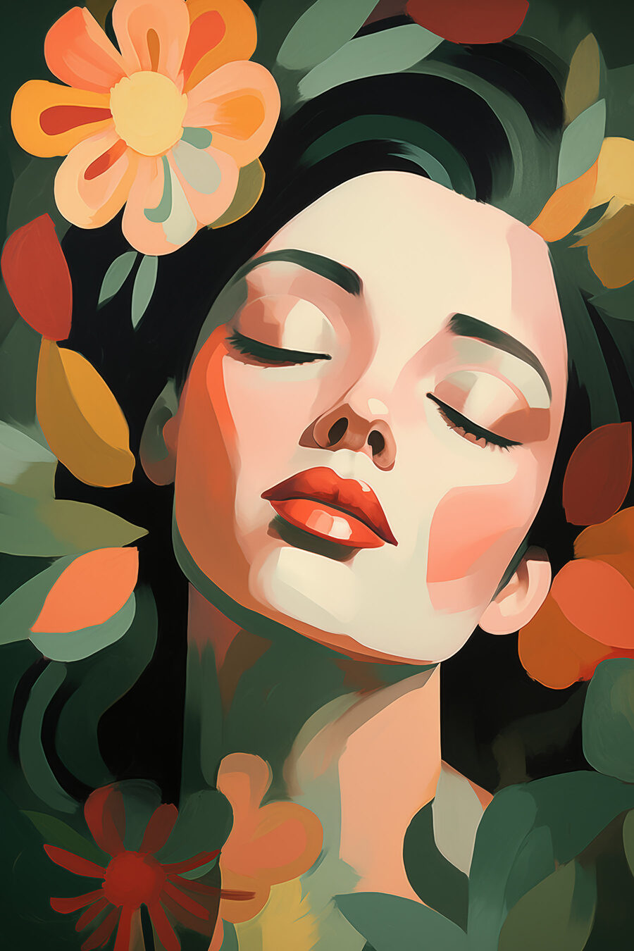 Olhos fechados entre flores — design completo