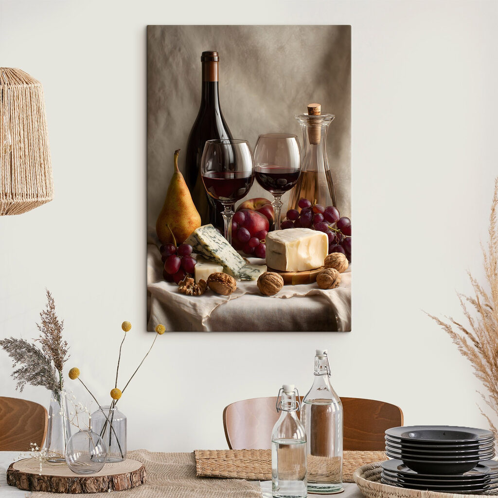 Vinho tinto com queijo num interior