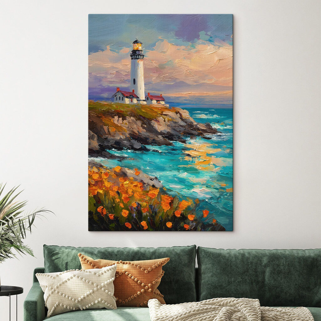 Farol sobre ondas turquesa — interior 1