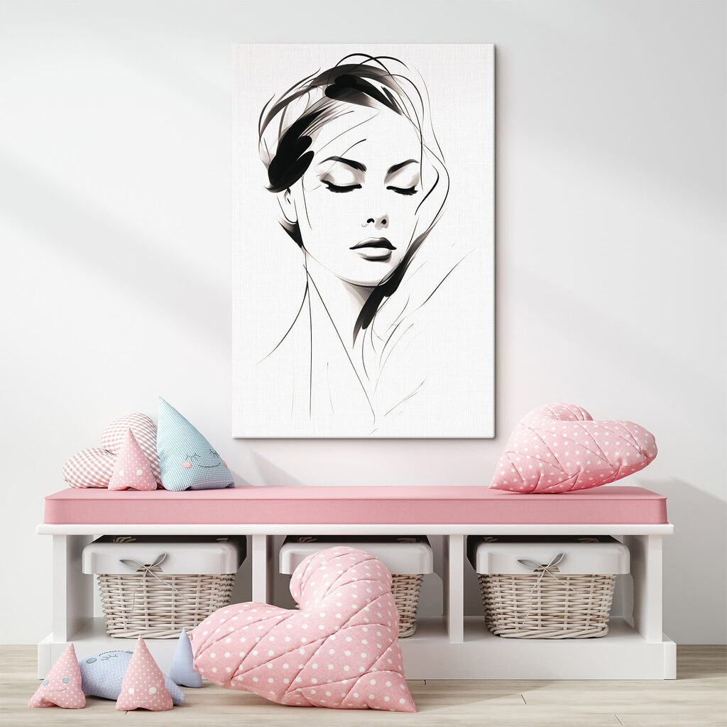 Olhar feminino em tinta-da-china num interior