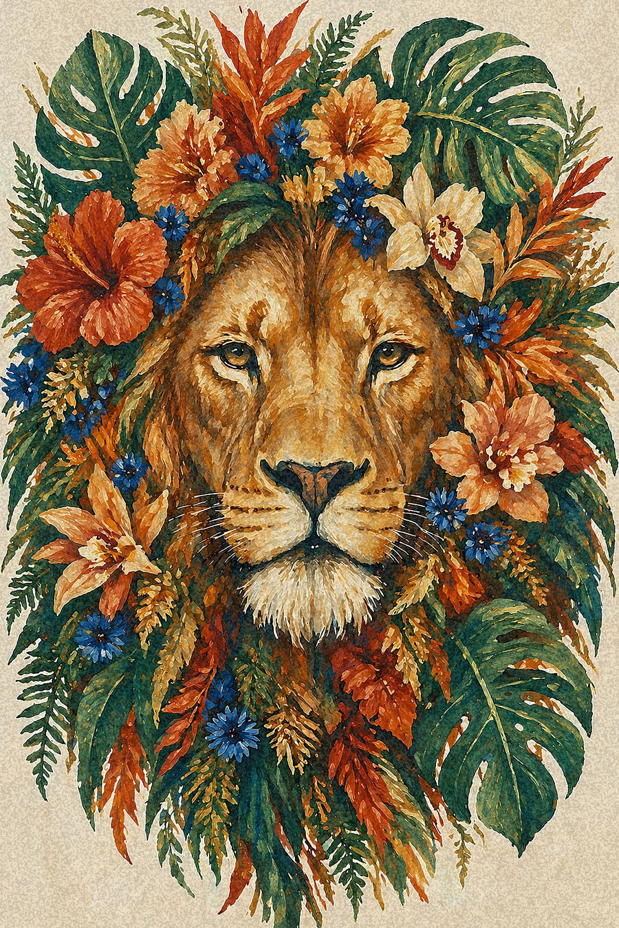 Leão entre flores tropicais — design completo