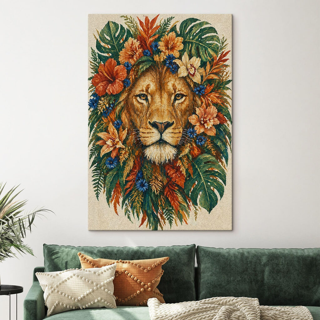 Leão entre flores tropicais — interior 1