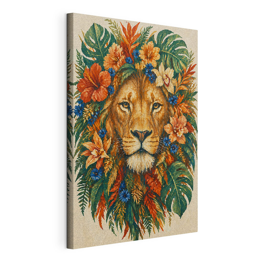 Leão entre flores tropicais, tela esticada e borda contínua