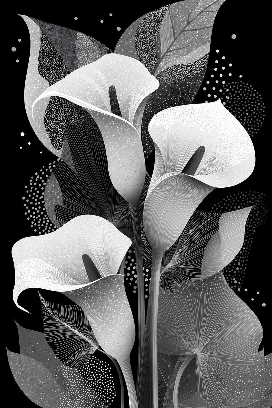 Cálices brancos sobre preto — design completo